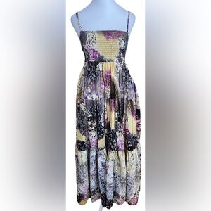 BILA Gray Yellow Purple Watercolor Floral Sundress Maxi Dress Size Small